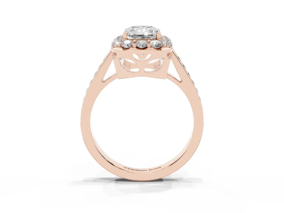 Radiant Cut Diamond Floral Halo Ring with Pavé Band and Prong Setting Rose gold