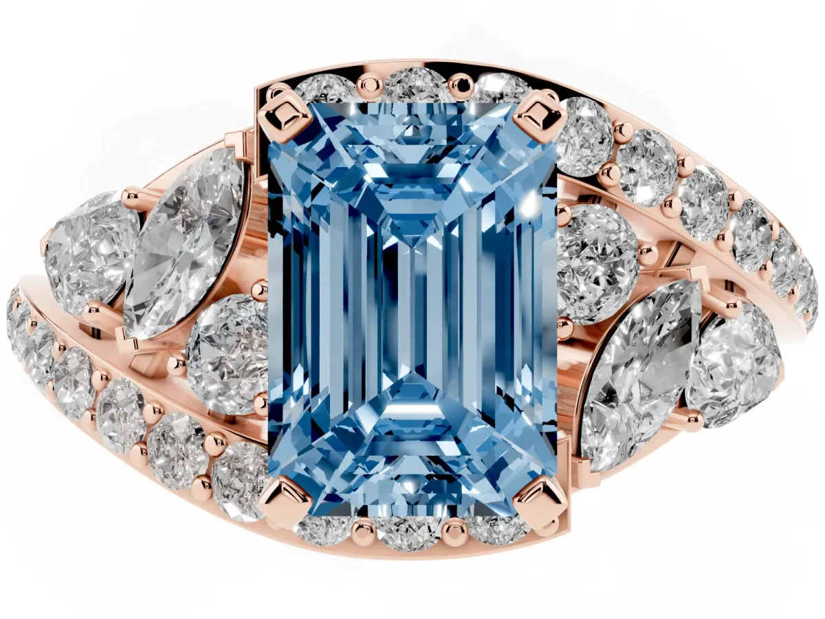 Fancy Blue Emerald Cut Diamond Halo Ring with Marquise and Pavé Band in Prong Setting Rose gold