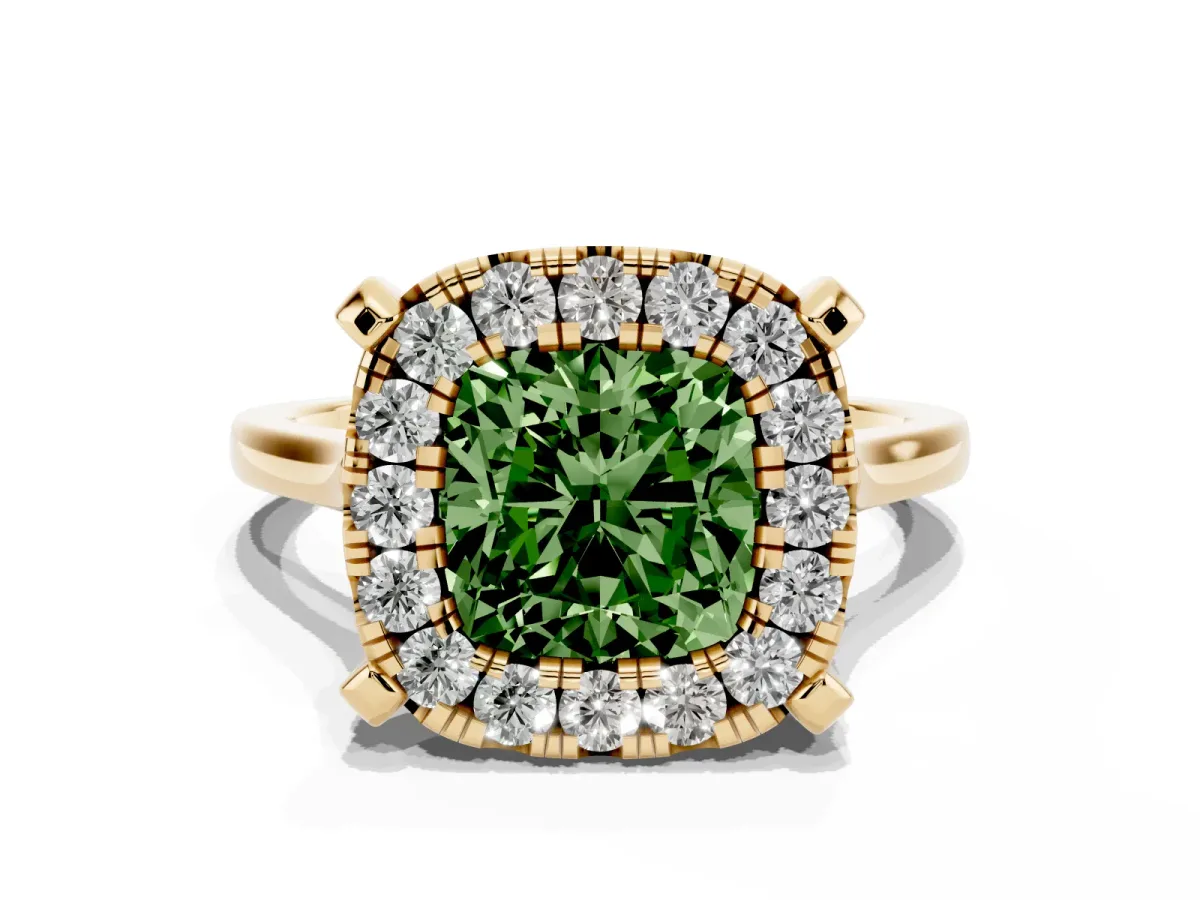 Fancy Green Cushion Cut Diamond Cluster Halo Solitaire with Four-Prong Setting Yellow gold