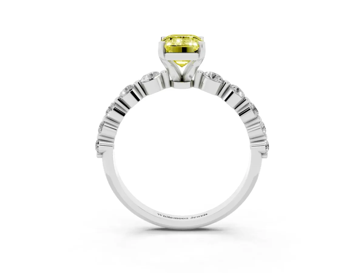 Fancy Yellow Emerald Cut Solitaire Diamond Ring with Pave Band and Four-Prong Setting Silver