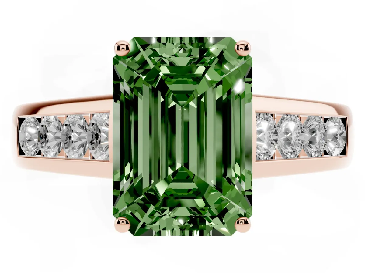 Fancy Green Emerald Cut Brilliant Channel-Set Solitaire Ring with Four-Prong Setting Rose gold