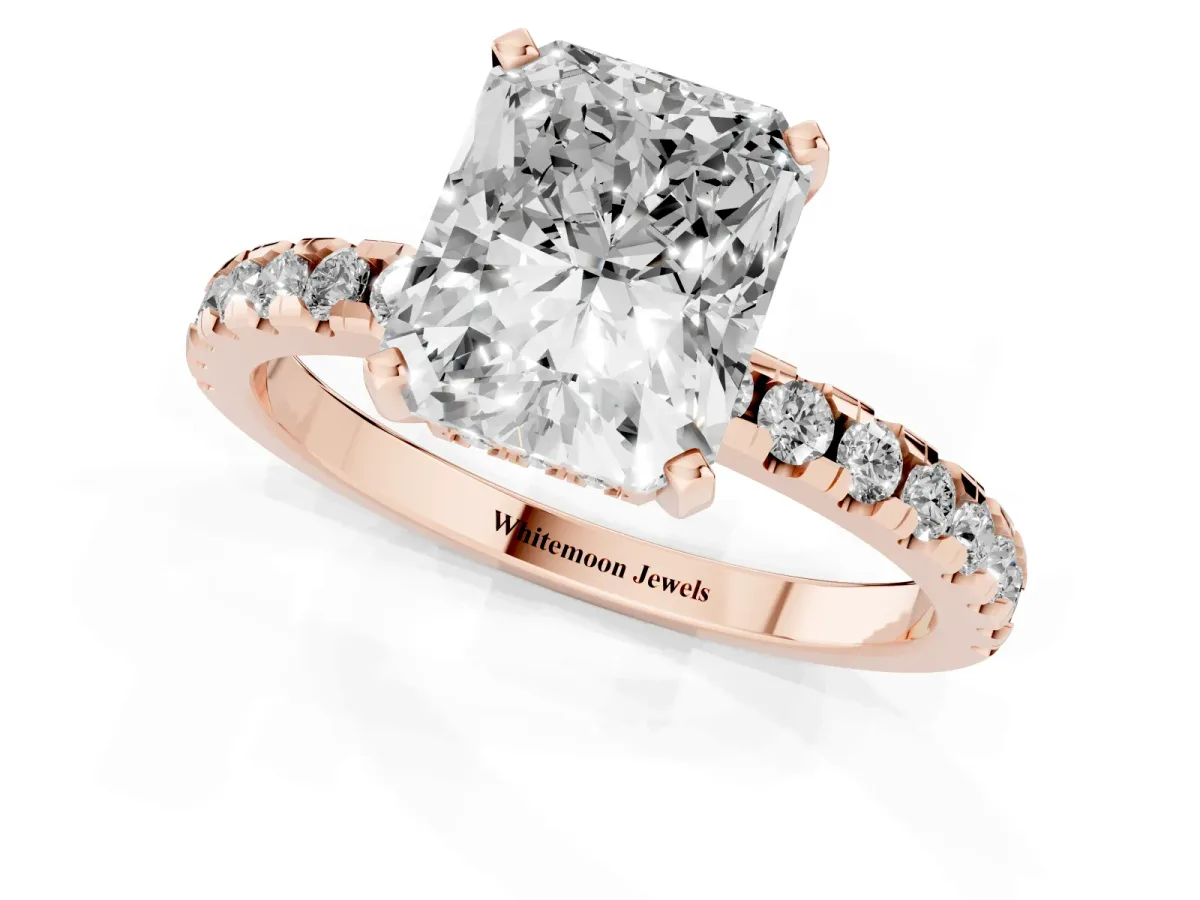 Radiant Cut Diamond Solitaire Ring with Round Pavé Band and Four-Prong Setting Rose gold