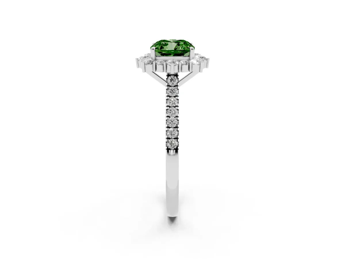 Fancy Green Cushion Cut Halo Diamond Ring with Pavé Band and Prong Setting Silver