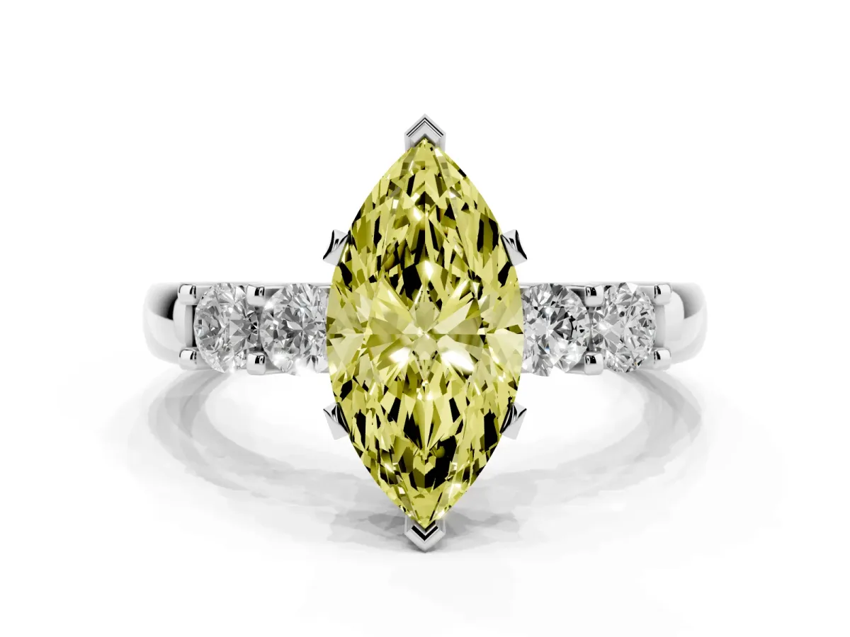 Fancy Yellow Marquise Cut Brilliant Cut Diamond Five-Stone Prong Set Engagement Ring with Channel Band Silver