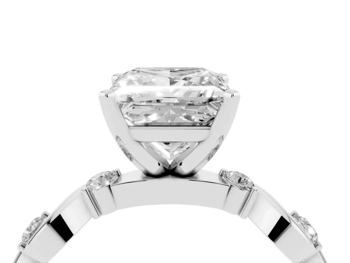 Princess Cut Diamond Solitaire Twisted Band with Round Accents and Prong Setting White gold