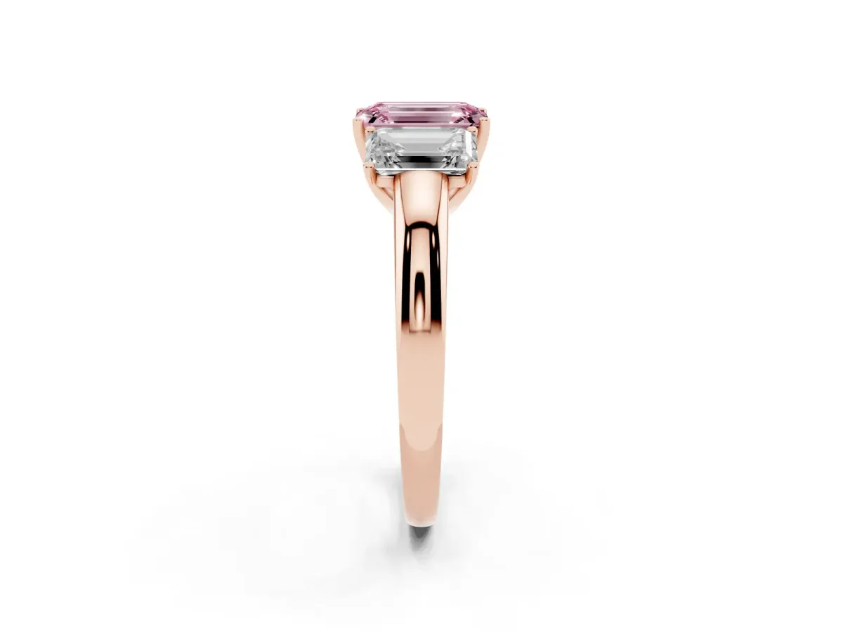 Fancy Pink Emerald Cut Diamond Three-Stone Ring with Four-Prong Setting and Classic Band Rose gold