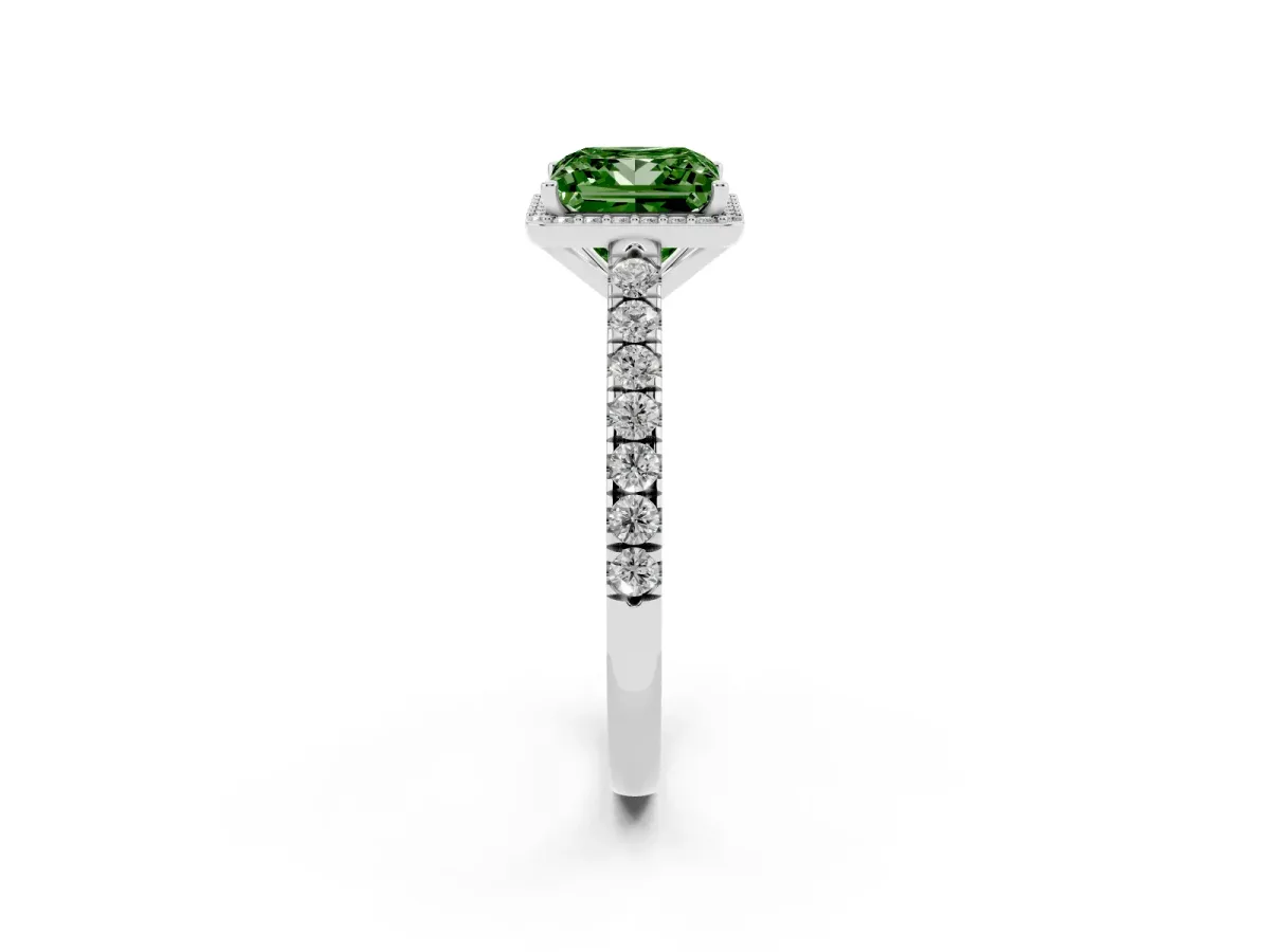 Fancy Green Princess Cut Cut Halo Diamond Engagement Ring with Pave Band and Four-Prong Setting Platinum