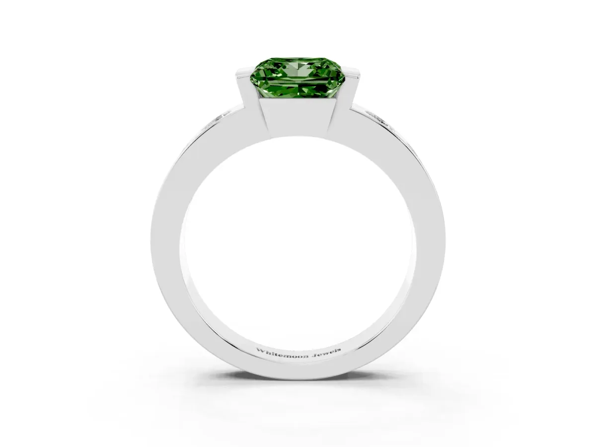 Fancy Green Princess Cut Brilliant Channel-Set Diamond Ring with Bezel Prong Setting Silver