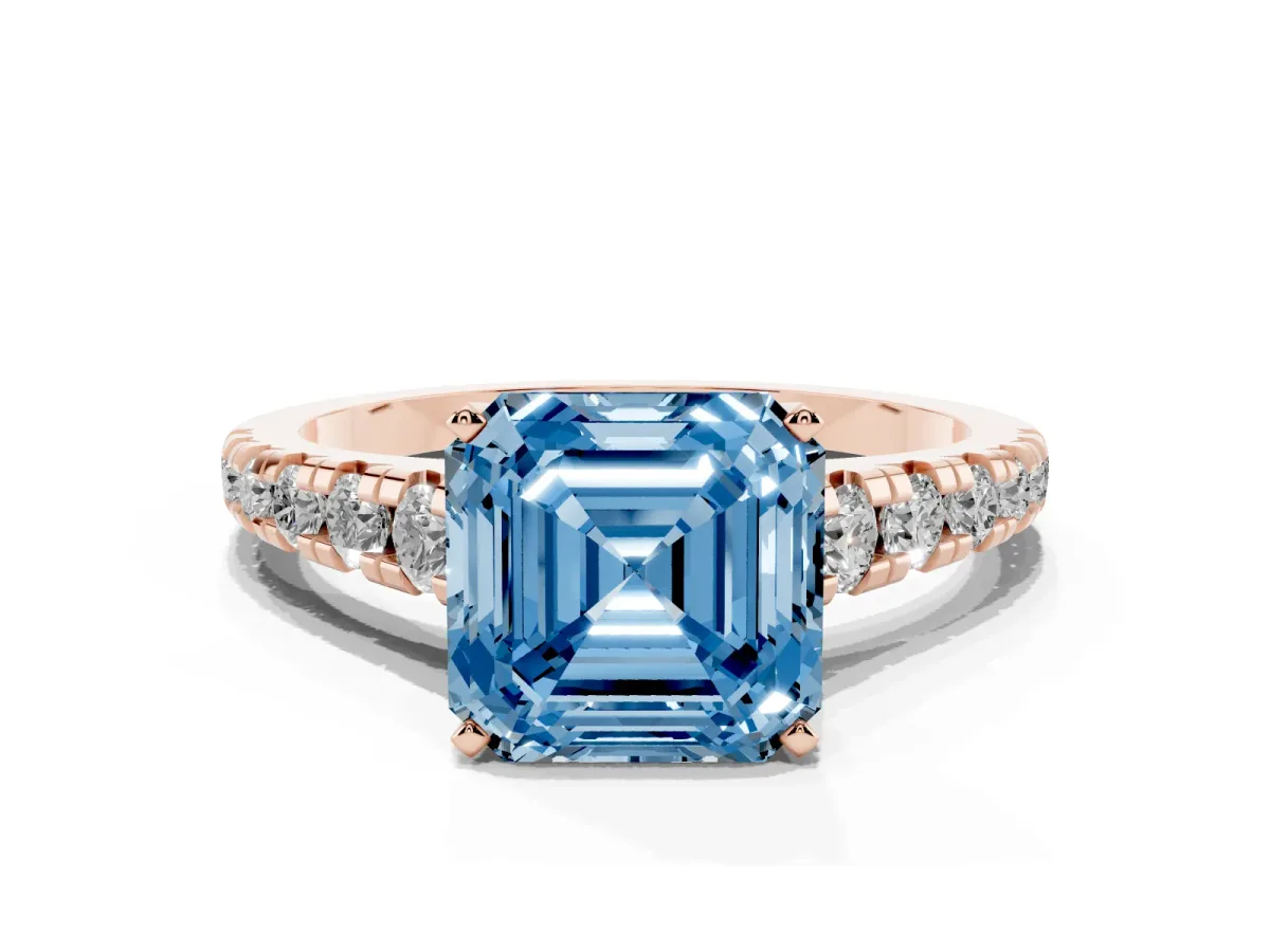 Fancy Blue Asscher Cut Diamond Cathedral Solitaire Ring with Round Pavé Band Rose gold