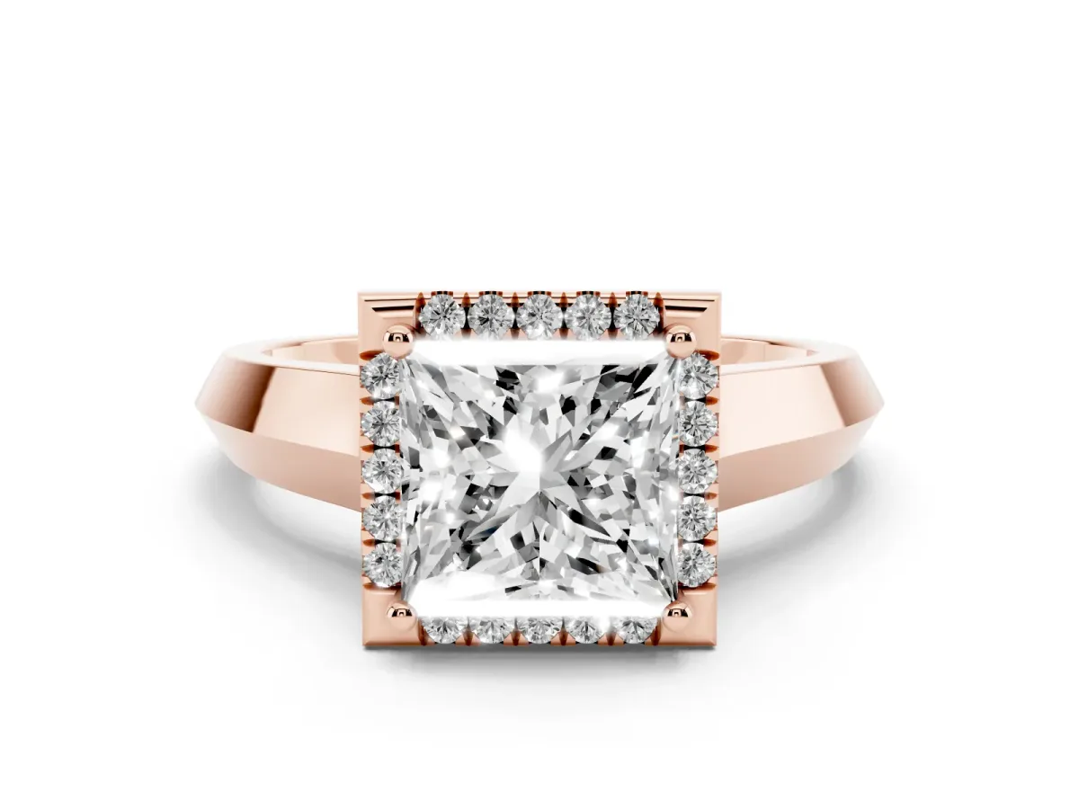 Princess Cut Halo Diamond Ring with Cathedral Band and Four-Prong Setting Rose gold
