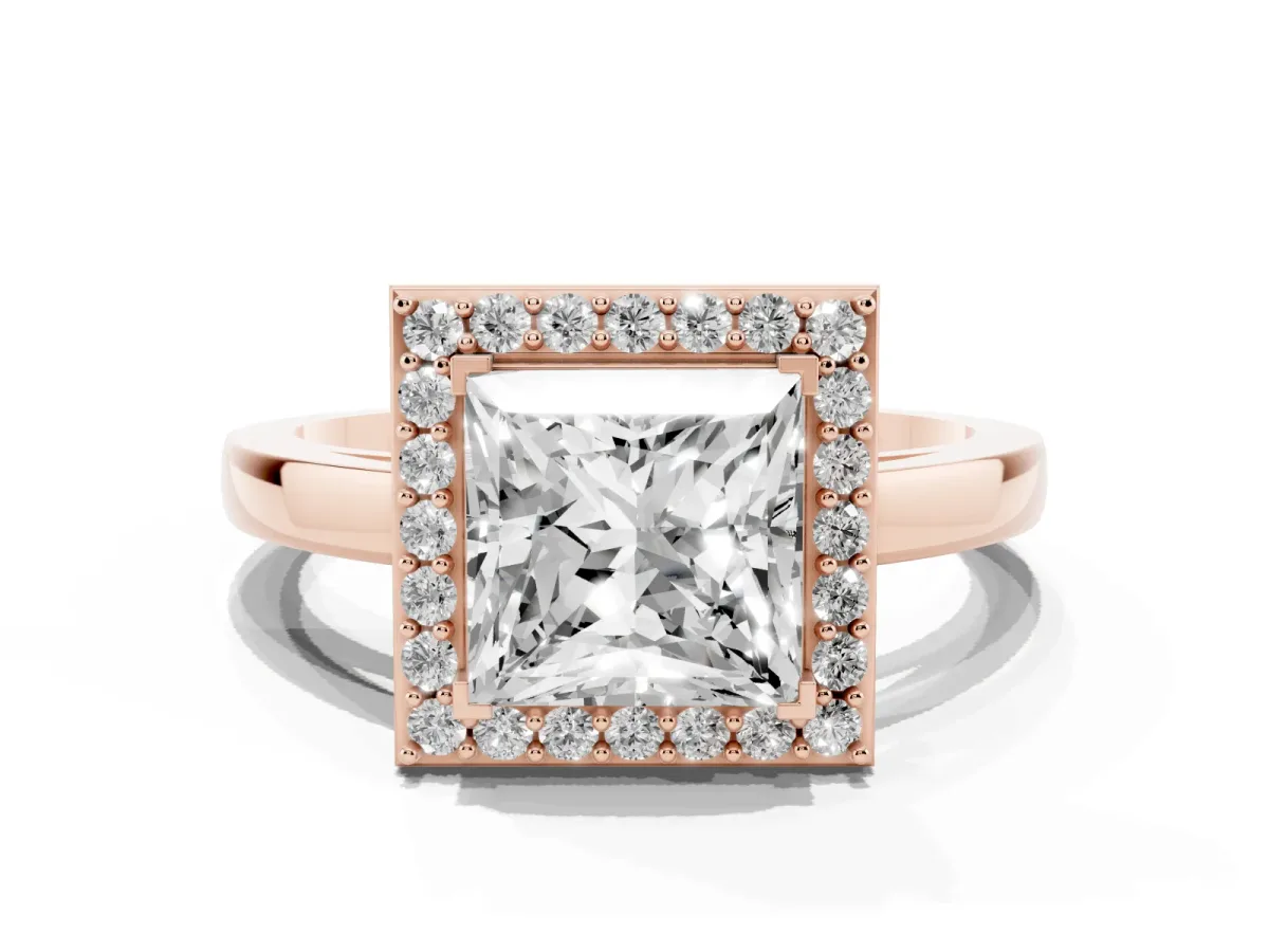 Princess Cut Halo Diamond Ring with Solitaire Band and Prong Setting Rose gold