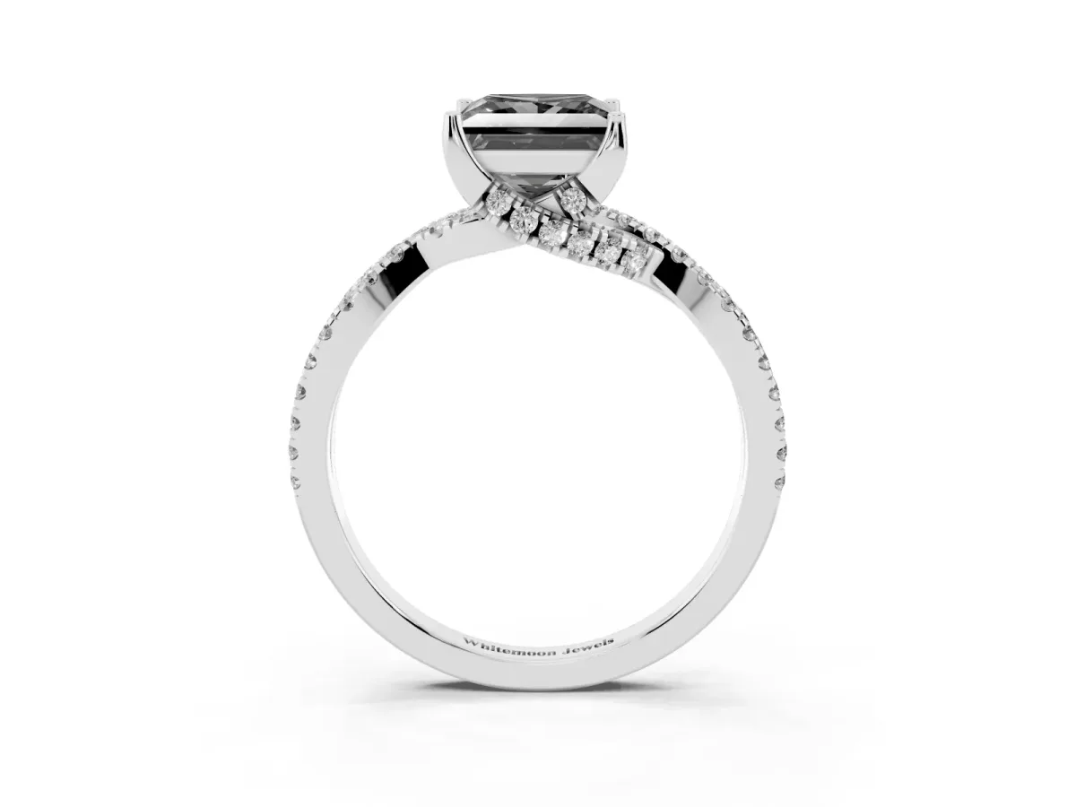 Fancy Black Princess Cut Solitaire Twist Pave Diamond Engagement Ring with Prong Setting Silver