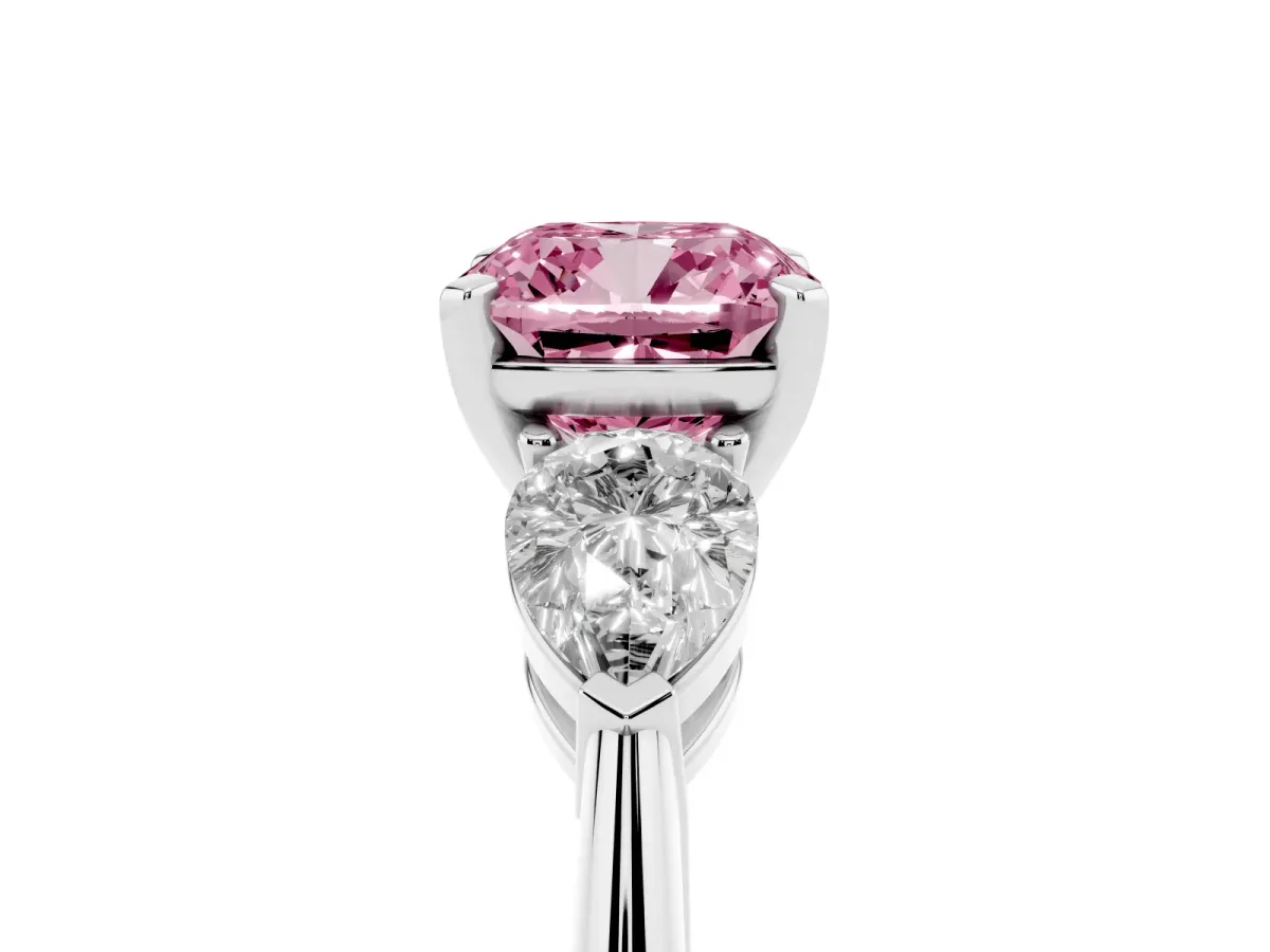 Fancy Pink Three-Stone Cushion Cut Diamond Ring with Pear Side Stones and Four-Prong Setting Silver