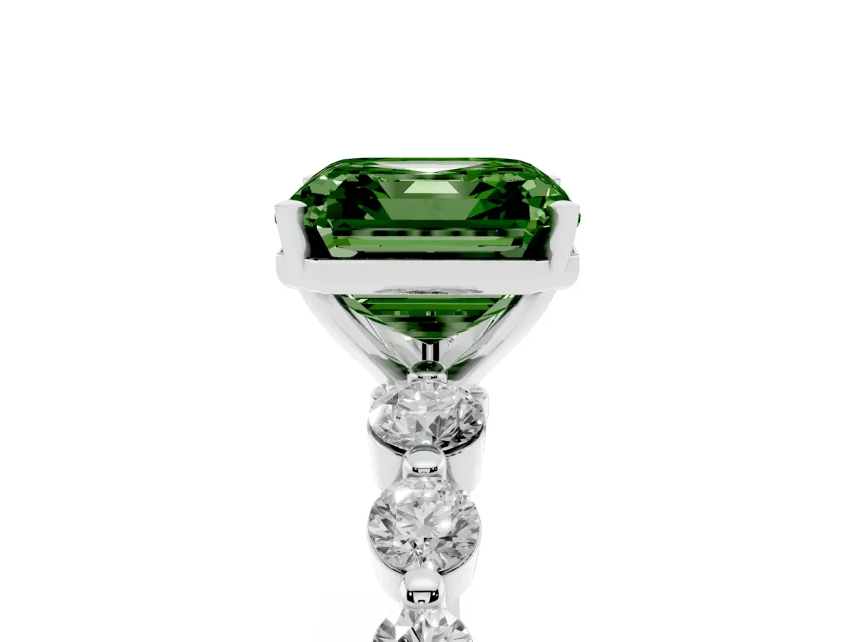 Fancy Green Asscher Cut Solitaire Diamond Ring with Pave Band and Four-Prong Setting Silver