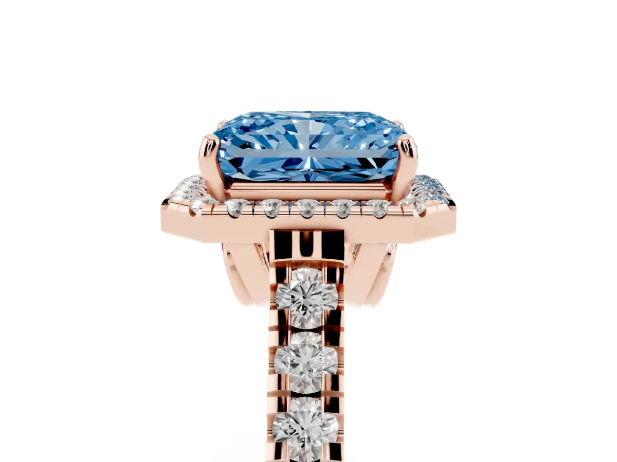 Fancy Blue Radiant Cut Halo Pavé Diamond Engagement Ring with Four-Prong Setting Rose gold