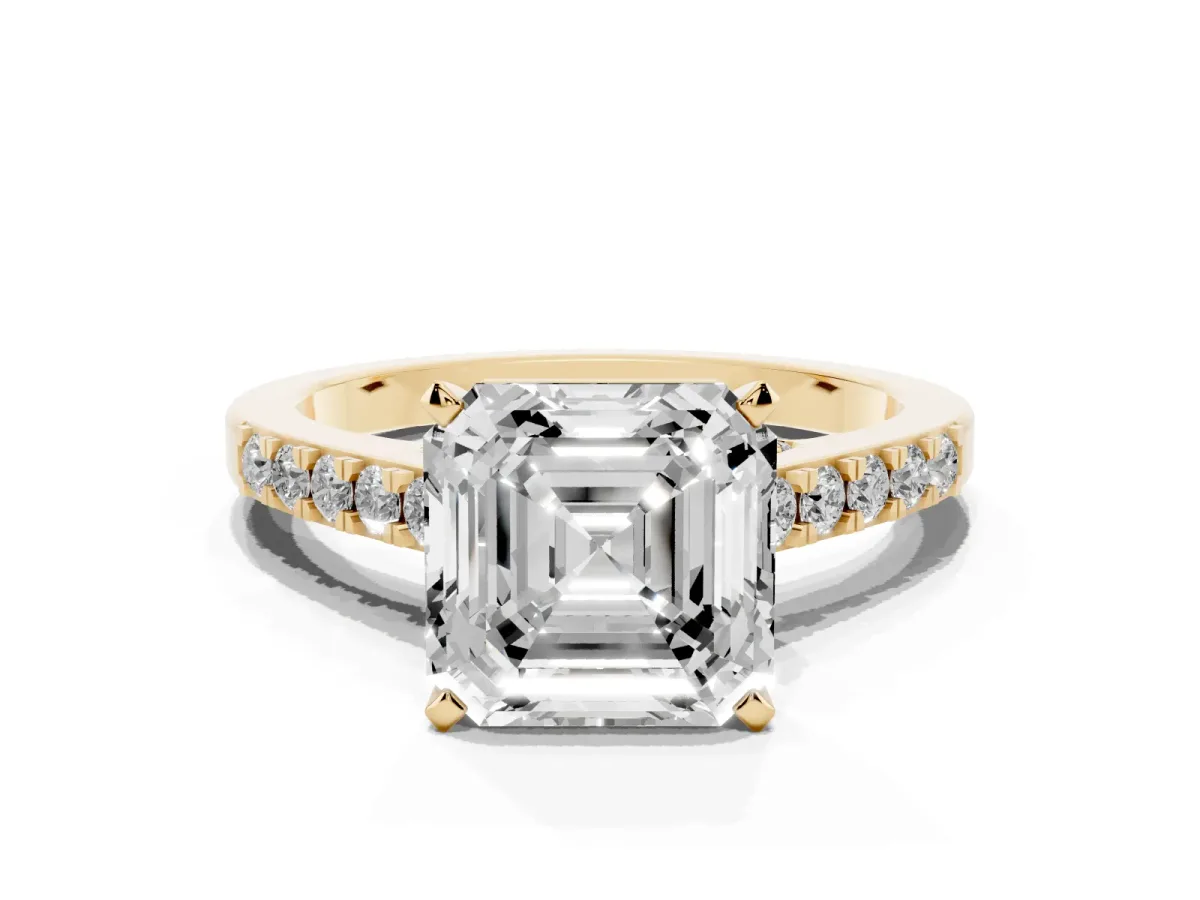 Asscher Cut Diamond Solitaire Ring with Crossover Gallery and Round Pavé Band Yellow gold
