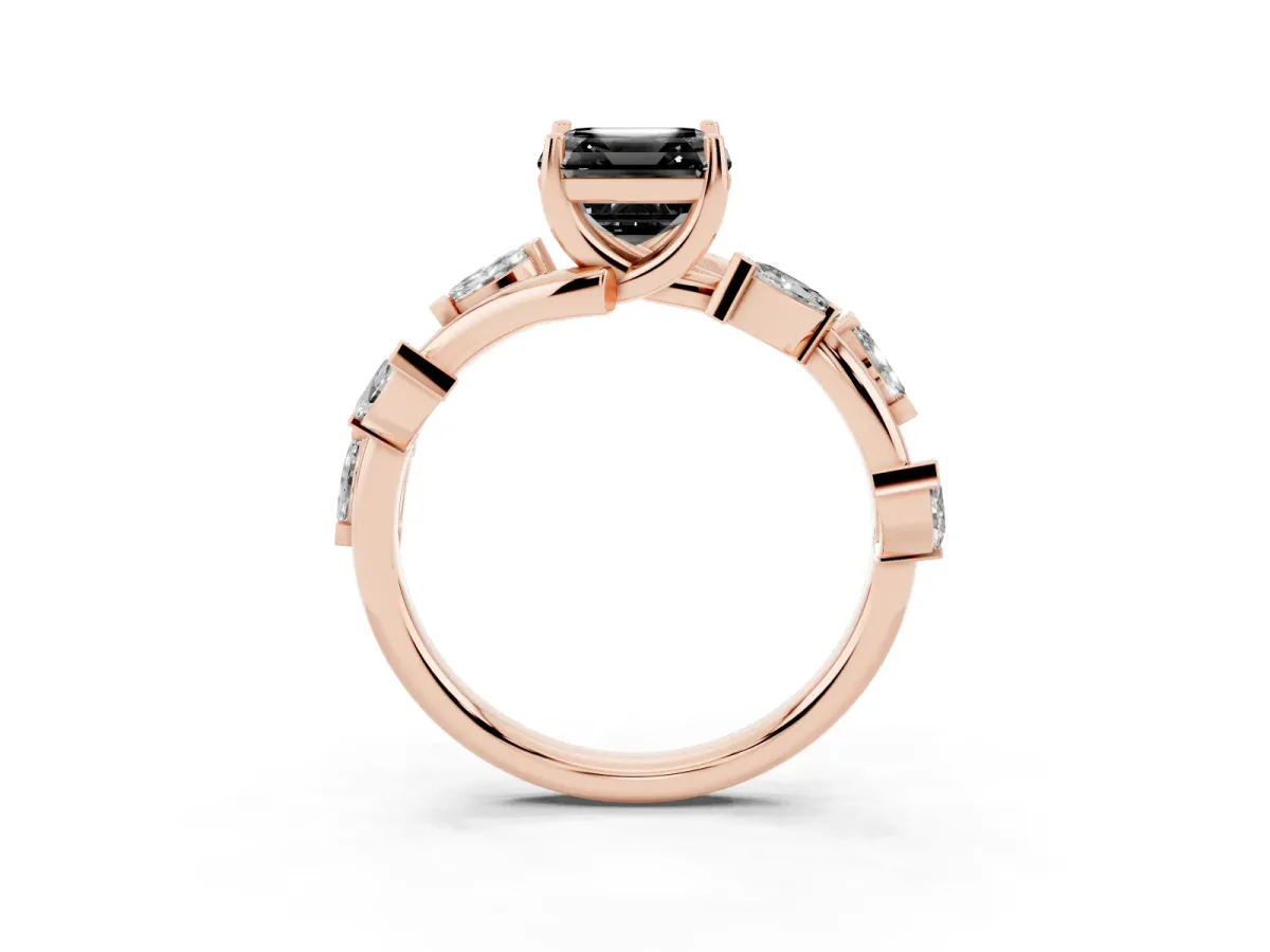Fancy Black Asscher Cut Solitaire Twisted Band Marquise Accent Prong Setting Ring Rose gold