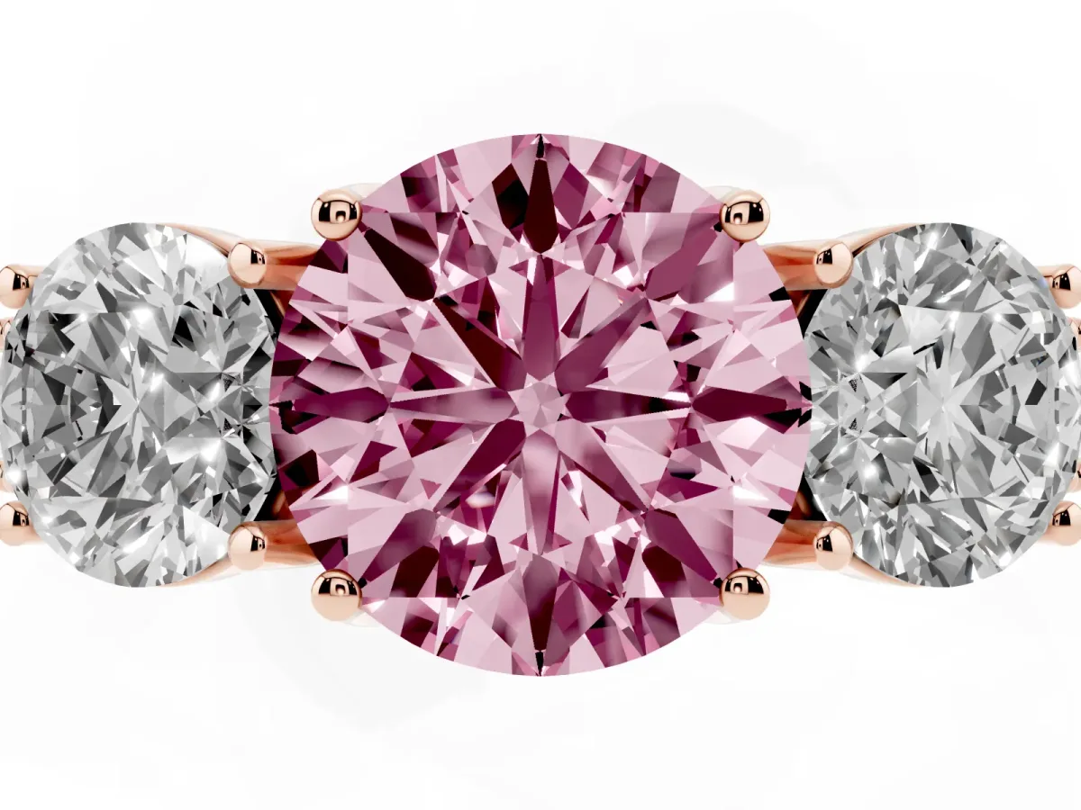 Fancy Pink Three-Stone Round Cut Cut Milgrain Pavé Engagement Ring Rose gold