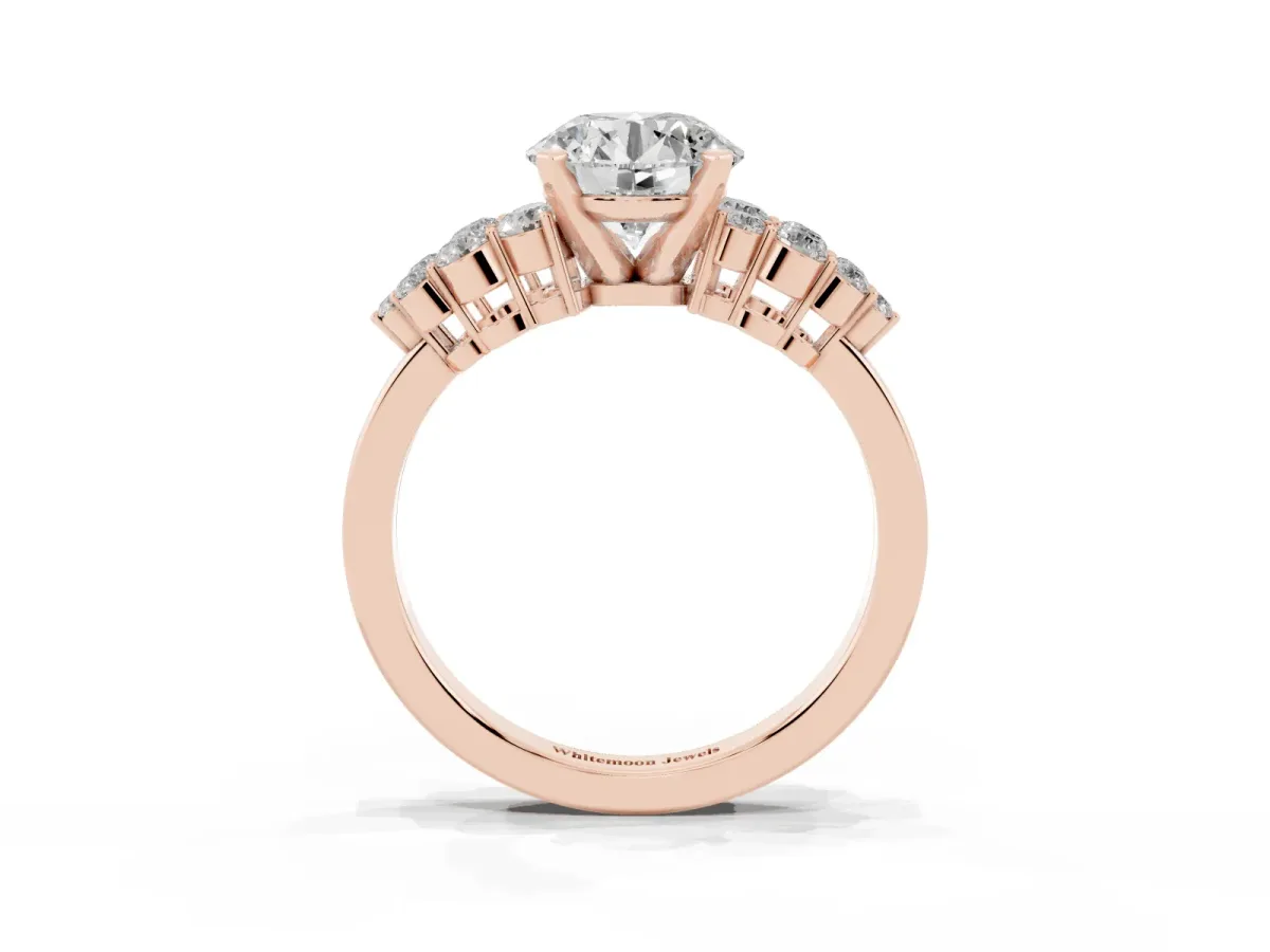 Round Cut Cluster Diamond Engagement Ring with Pavé Band and Four-Prong Setting Rose gold