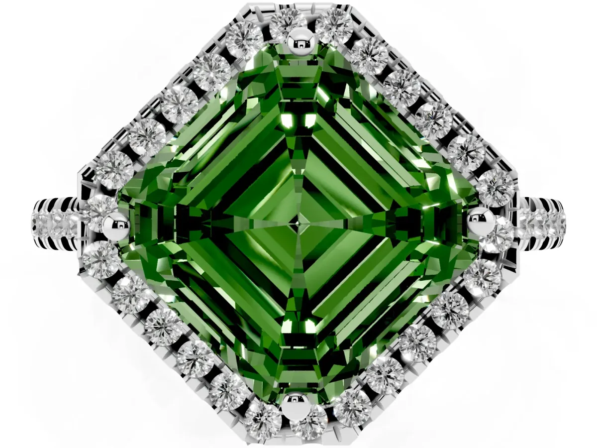 Fancy Green Asscher Cut Diamond Cushion Halo Ring with Pavé Band White gold