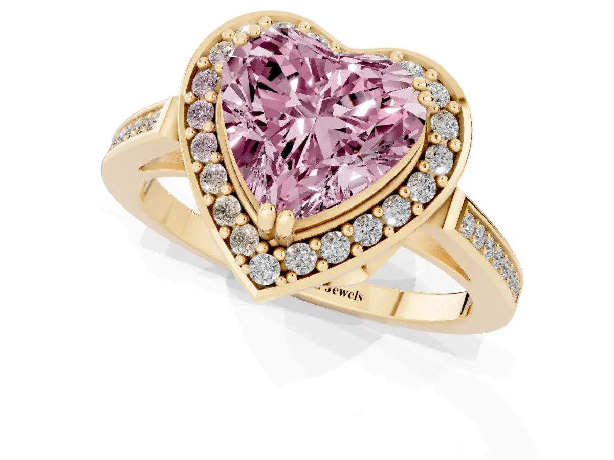 Fancy Pink Heart Cut Diamond Halo Ring with Split Shank and Four-Prong Setting Yellow gold