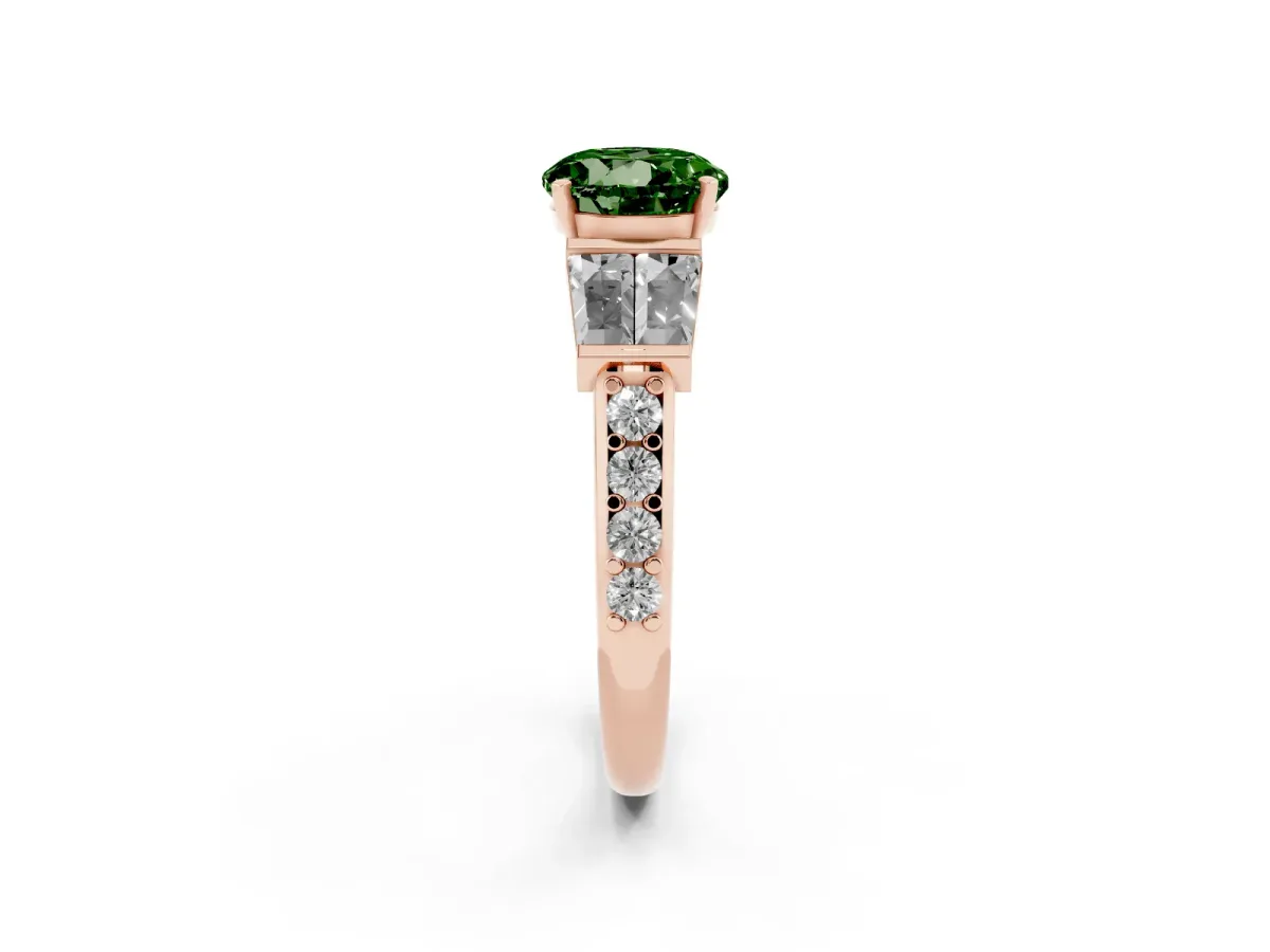 Fancy Green Round Cut Diamond Engagement Ring with Baguette Side Stones and Channel Set Band Rose gold
