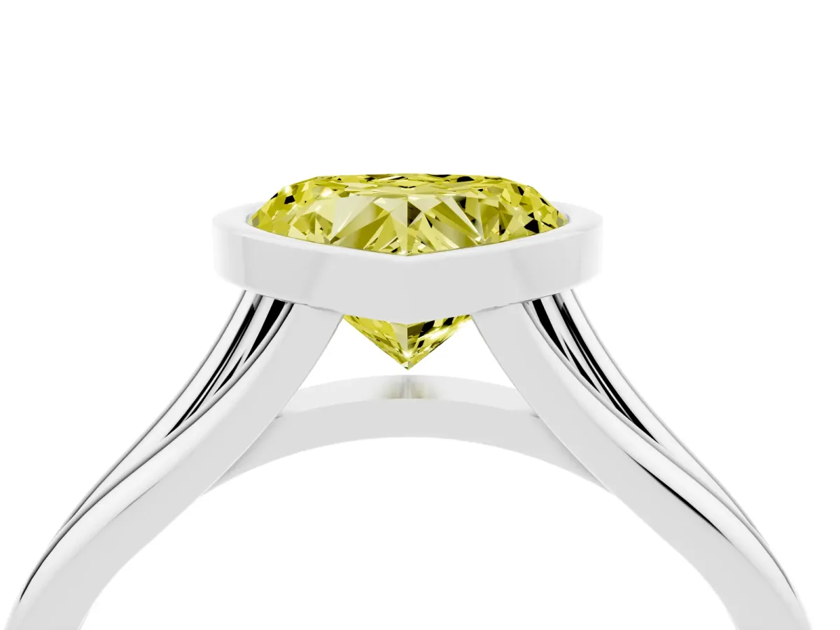 Fancy Yellow Bezel Set Heart Cut Cut Solitaire Ring with Tapered Band White gold