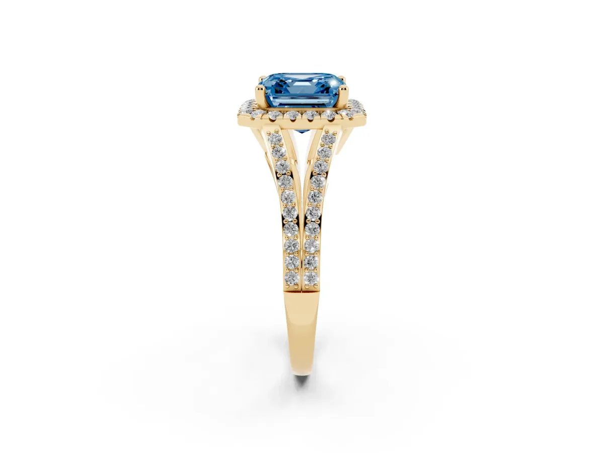 Fancy Blue Asscher Cut Halo Split Shank Diamond Ring with Prong Setting Yellow gold