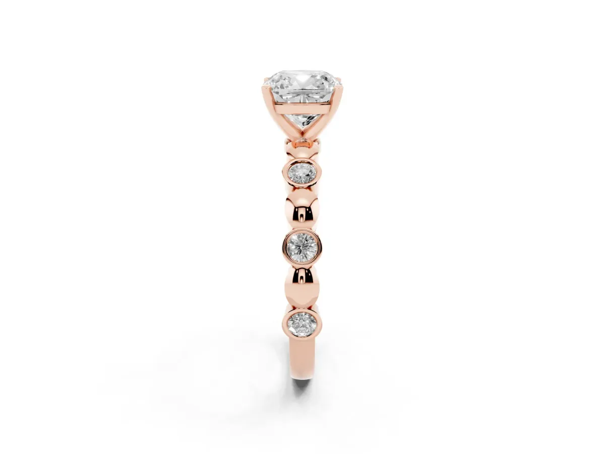 Cushion Cut Solitaire Bezel-Set Diamond Ring with Beaded Band and Four-Prong Setting Rose gold