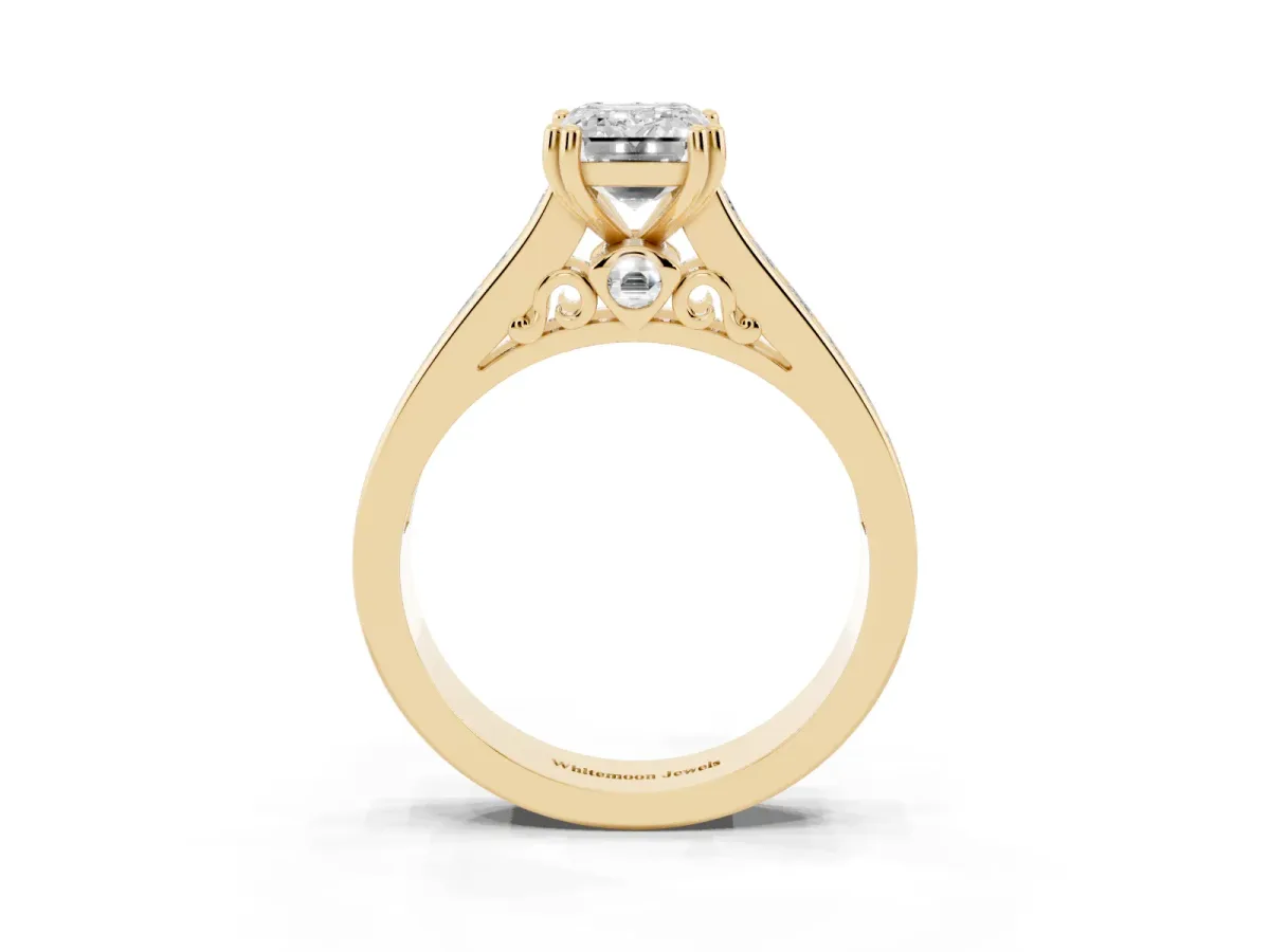 Emerald Cut Cut Channel Set Solitaire Engagement Ring with Prong Setting Yellow gold