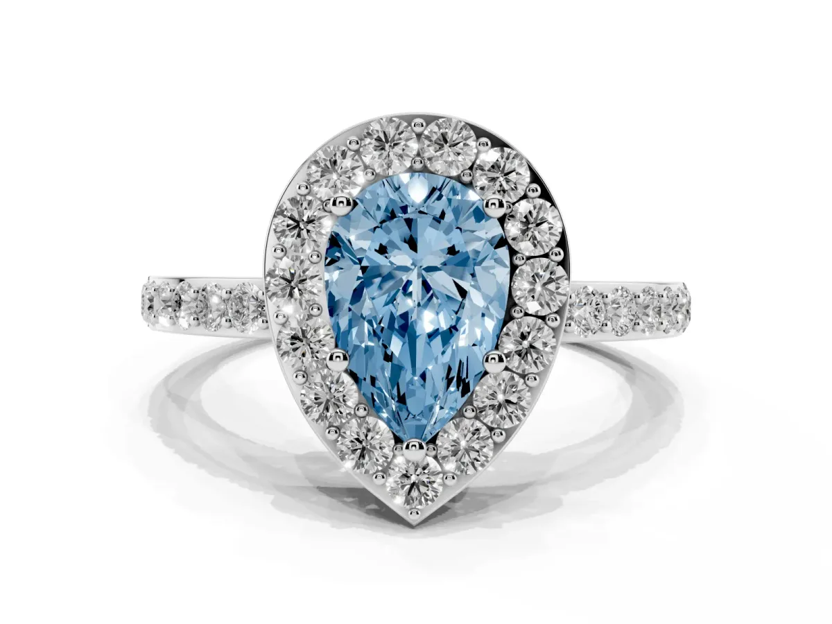 Fancy Blue Pear Cut Halo Diamond Pavé Band Ring with Prong Setting Platinum