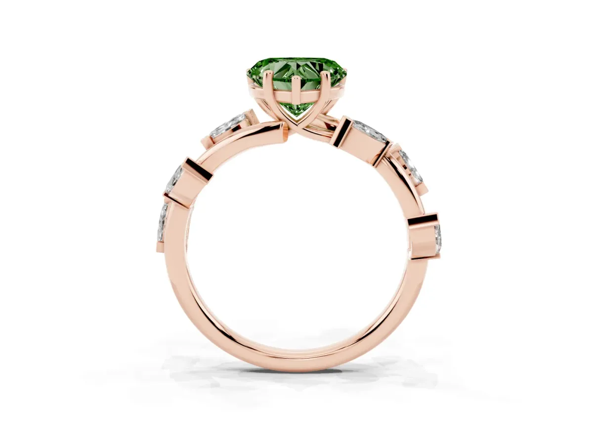 Fancy Green Heart Cut Solitaire Twisted Band Marquise Accent Prong Setting Ring Rose gold