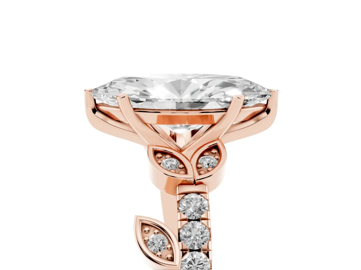 Marquise Cut Solitaire Leaf-Inspired Diamond Ring with Pavé Band and Four-Prong Setting Rose gold