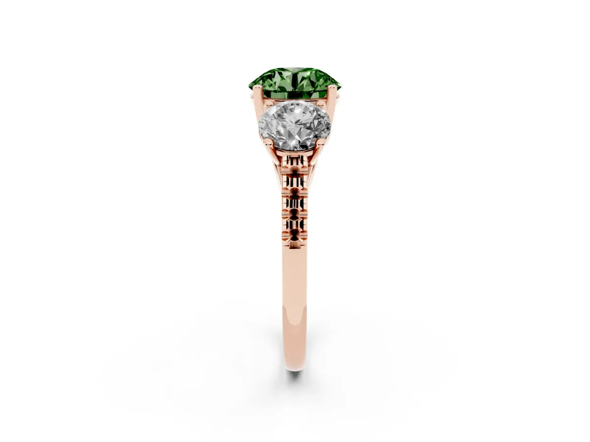 Fancy Green Three-Stone Round Cut Diamond Ring with Round Pavé Band and Prong Setting Rose gold