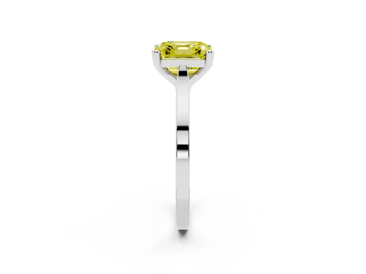 Fancy Yellow Asscher Cut Solitaire Diamond Ring with Four-Prong Setting and Tapered Band Silver