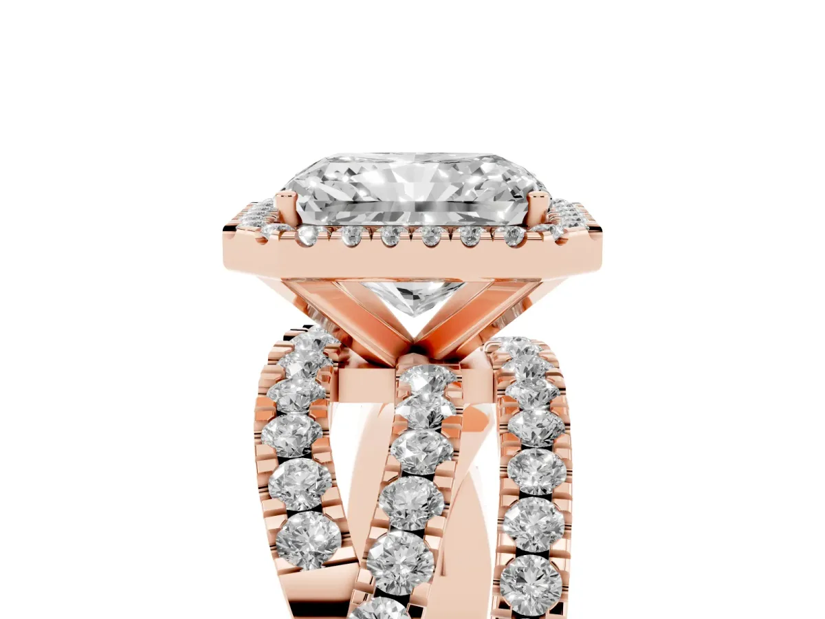 Radiant Cut Diamond Halo Ring with Round Split Shank and Prong Setting Rose gold