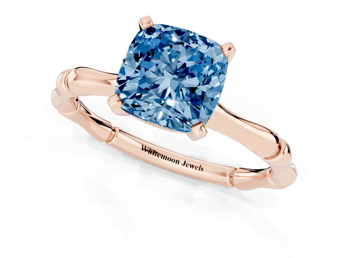 Fancy Blue Cushion Cut Solitaire Diamond Ring with Bamboo Band and Four-Prong Setting Rose gold