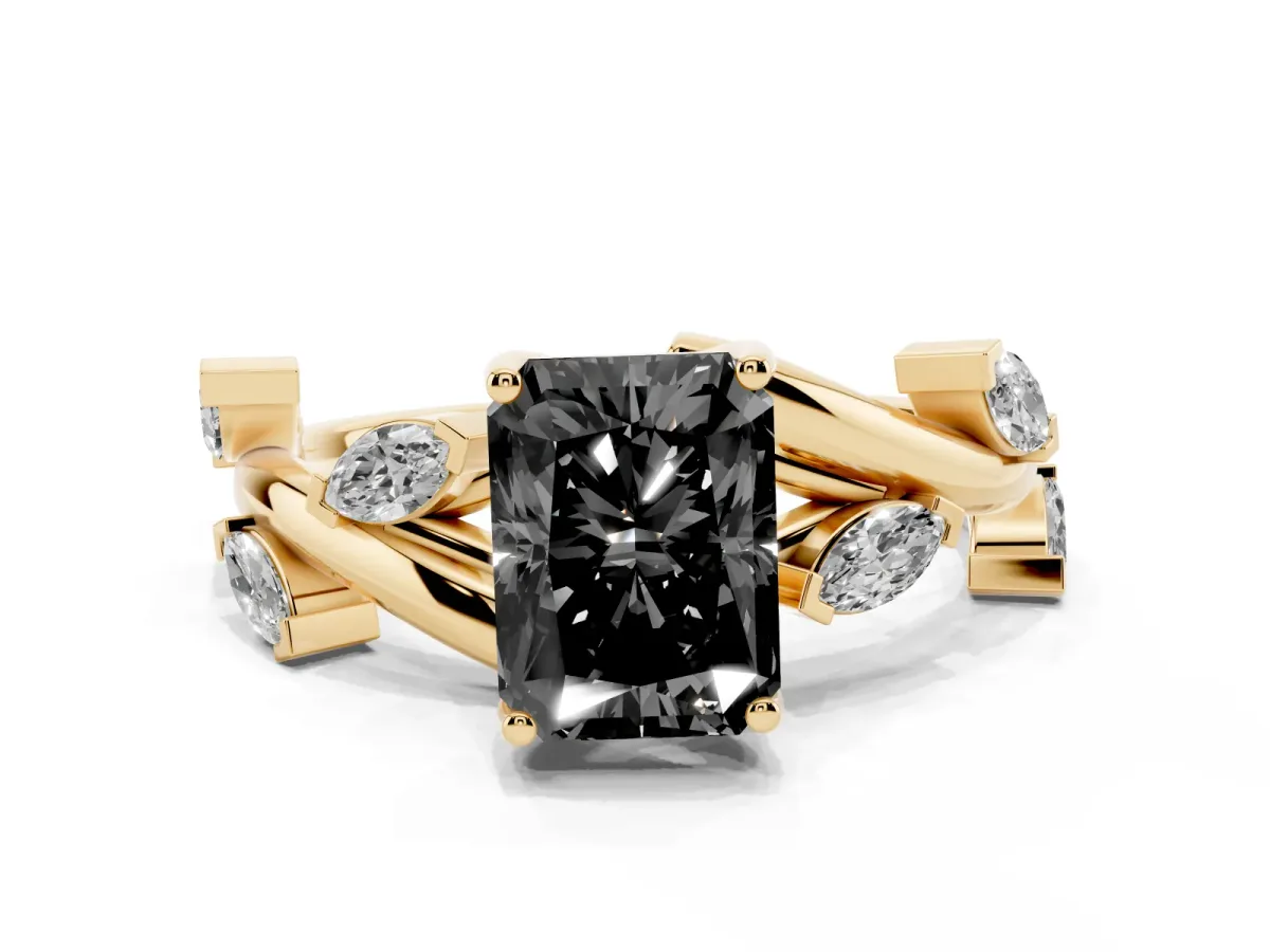 Fancy Black Radiant Cut Solitaire Twisted Band Marquise Accent Prong Setting Ring Yellow gold