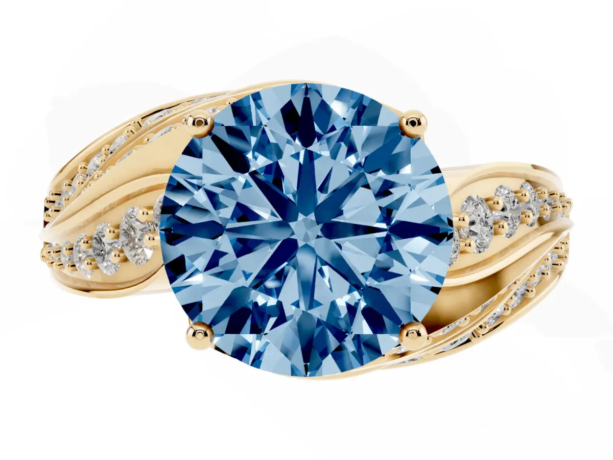 Fancy Blue Round Cut Diamond Solitaire Ring with Prong Setting and Twisted Pavé Band Yellow gold