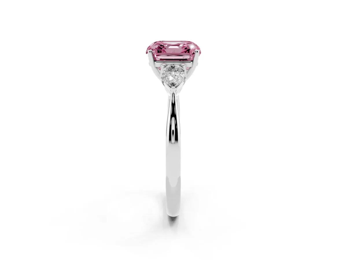 Fancy Pink Three-Stone Asscher Cut Brilliant Diamond Solitaire Ring with Tapered Band and Four-Prong Setting Platinum