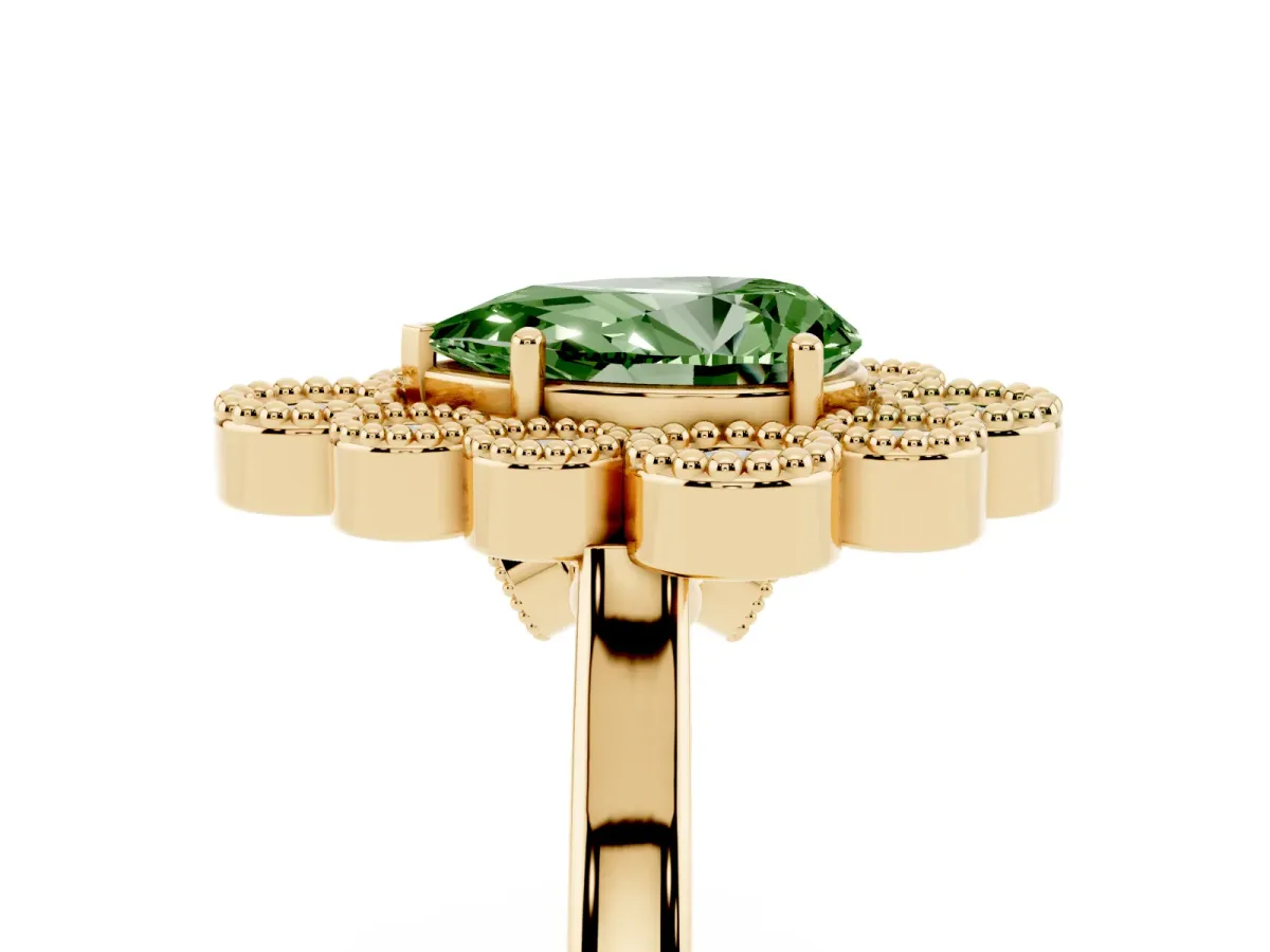 Fancy Green Pear Cut Halo Diamond Cluster Engagement Ring with Milgrain Bezel Setting and Solitaire Band Yellow gold