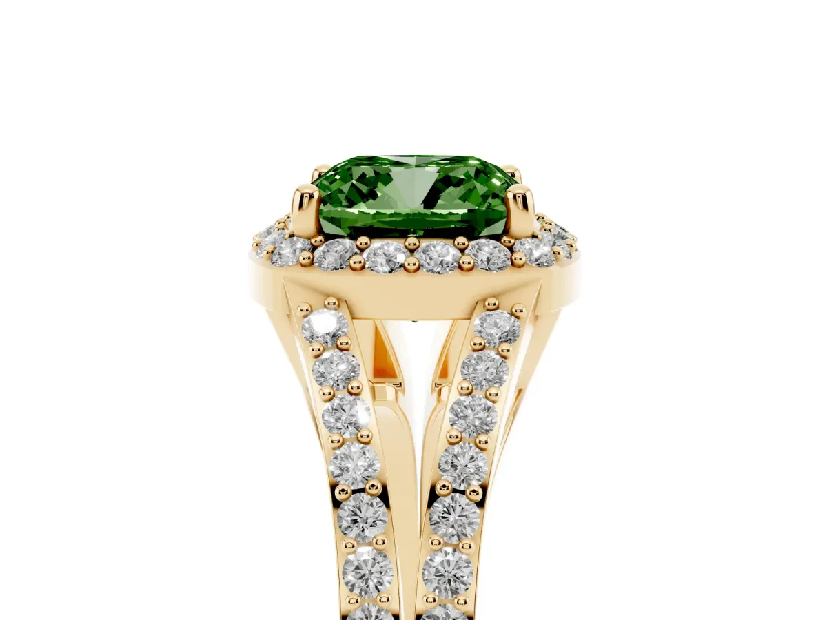 Fancy Green Cushion Cut Halo Split Shank Pave Diamond Ring with Four-Prong Setting Yellow gold
