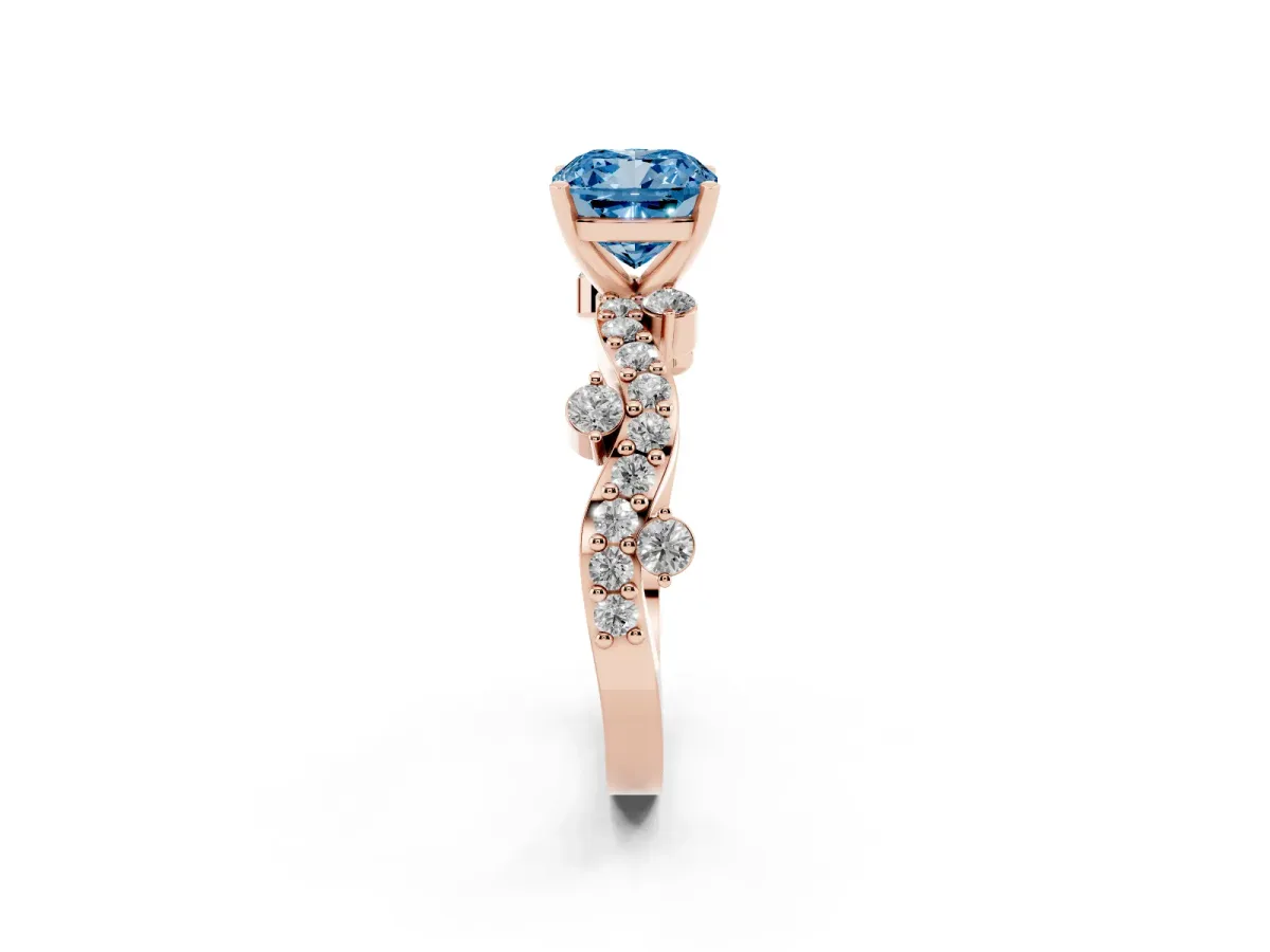 Fancy Blue Cushion Cut Cut Solitaire Diamond Twisted Band with Pave Setting Rose gold