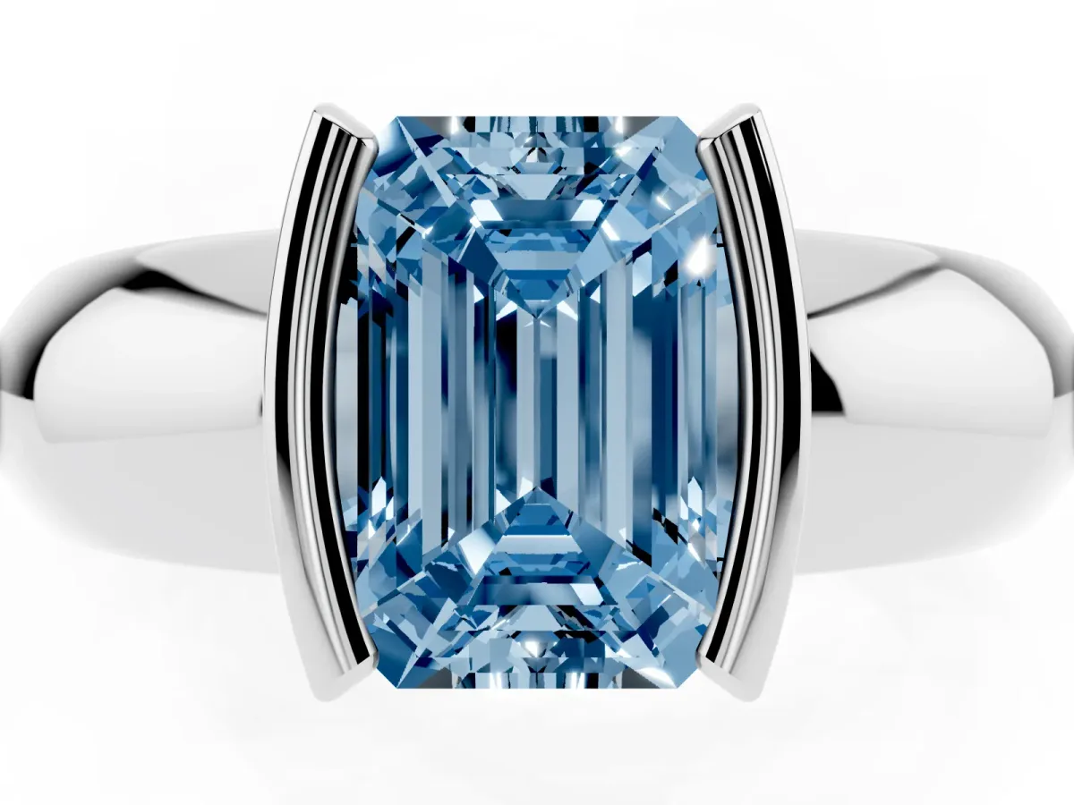 Fancy Blue Emerald Cut Solitaire Tension Set Diamond Ring with Wide Band Silver