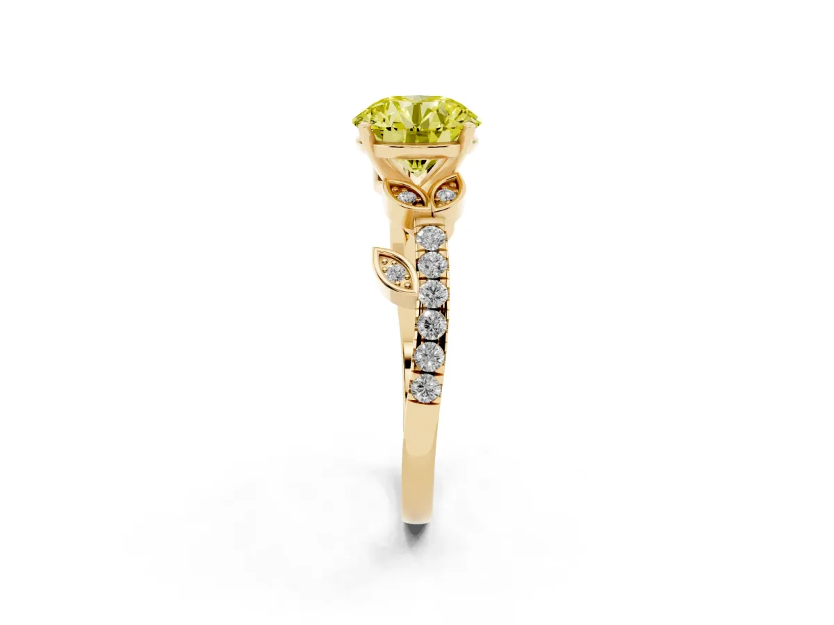 Fancy Yellow Round Cut Solitaire Leaf-Inspired Diamond Ring with Pavé Band and Four-Prong Setting Yellow gold