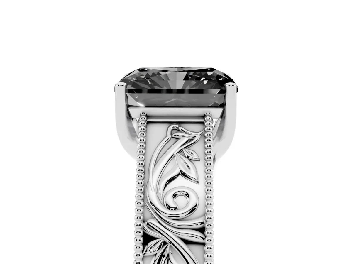 Fancy Black Radiant Cut Diamond Solitaire Ring with Engraved Band and Four-Prong Setting Platinum