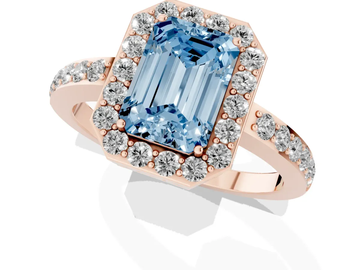 Fancy Blue Emerald Cut Halo Diamond Pavé Band Ring with Prong Setting Rose gold