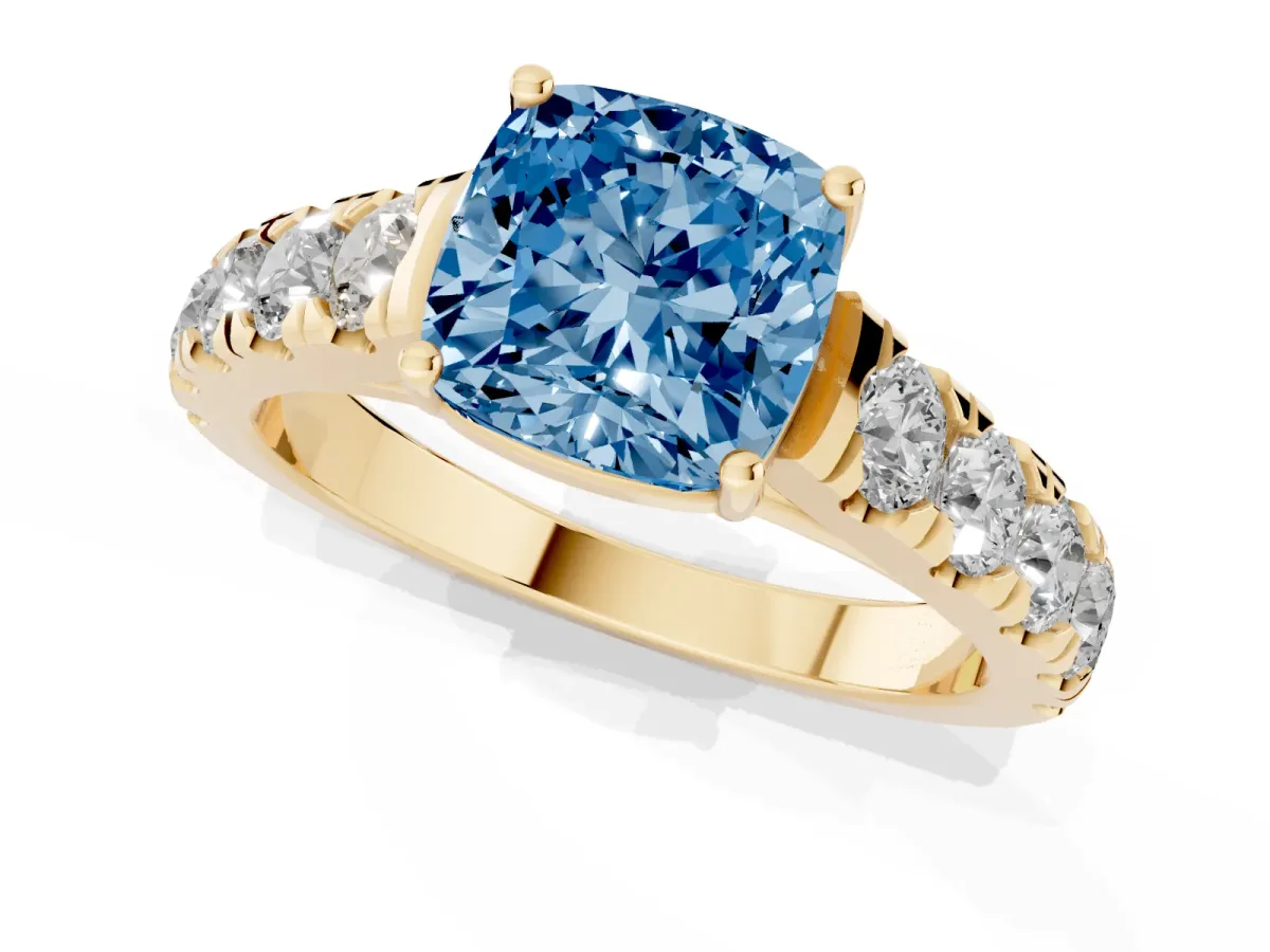 Fancy Blue Cushion Cut Cut Diamond Solitaire Ring with Micro Pave Band and Prong Setting Yellow gold