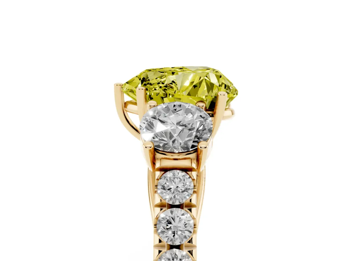 Fancy Yellow Heart Cut Cut Diamond Three-Stone Ring with Round Side Stones and Pavé Band Yellow gold