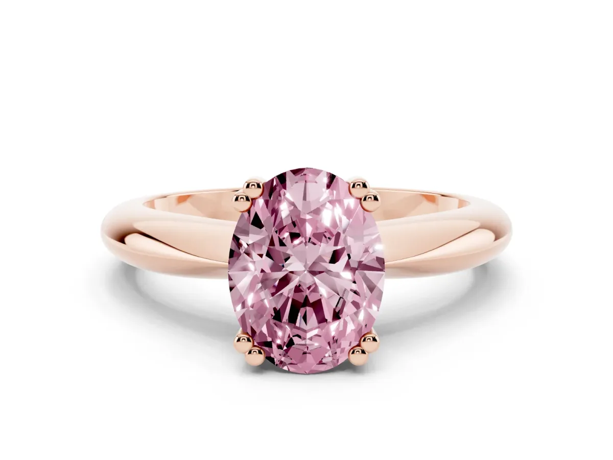 Fancy Pink Oval Cut Cut Solitaire Engagement Ring with Tapered Band and Four-Prong Setting Rose gold